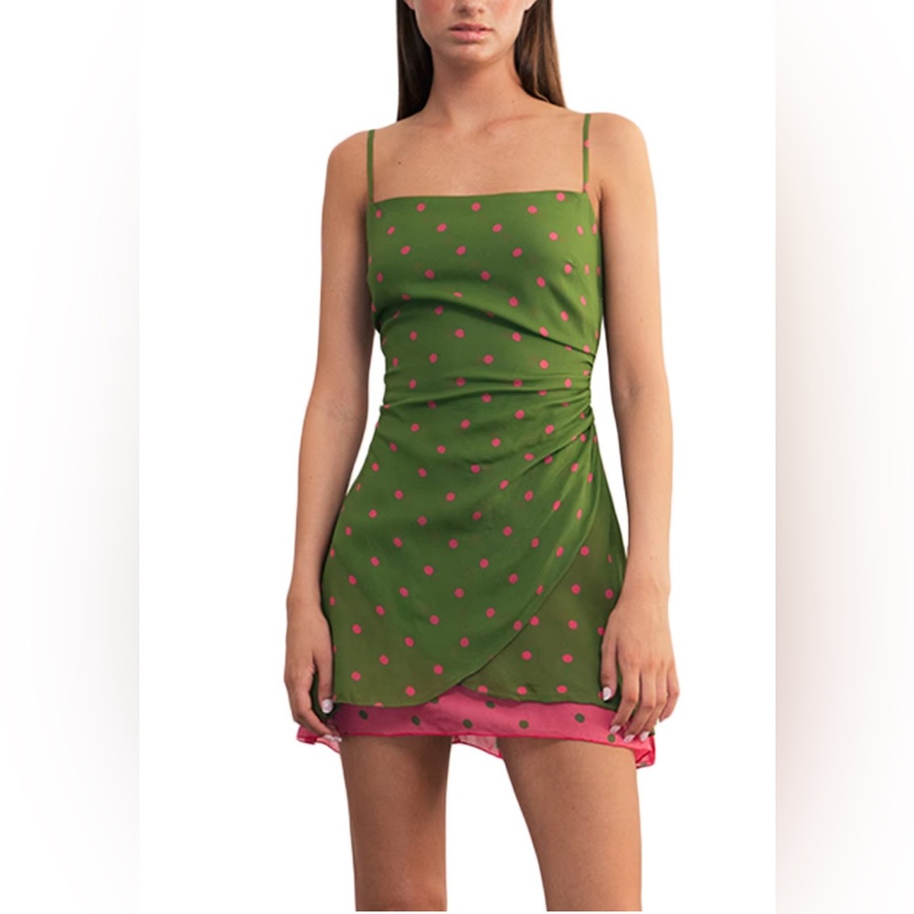 70s Vintage 🍀 Green/Pink Mini Polka Dot Slip Dress‎ w/ Ruched Detail - Small